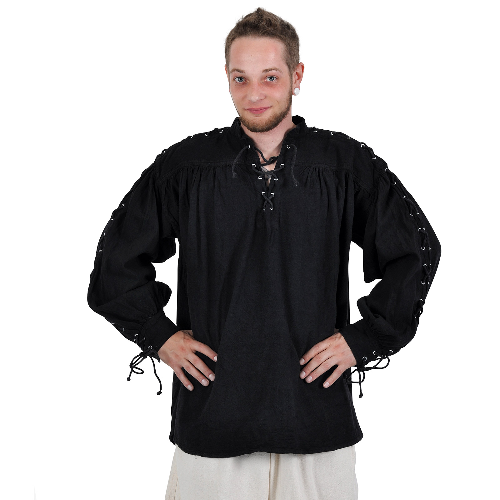 Camisa medieval con cordones y ojales Adrian negra - M - Negro