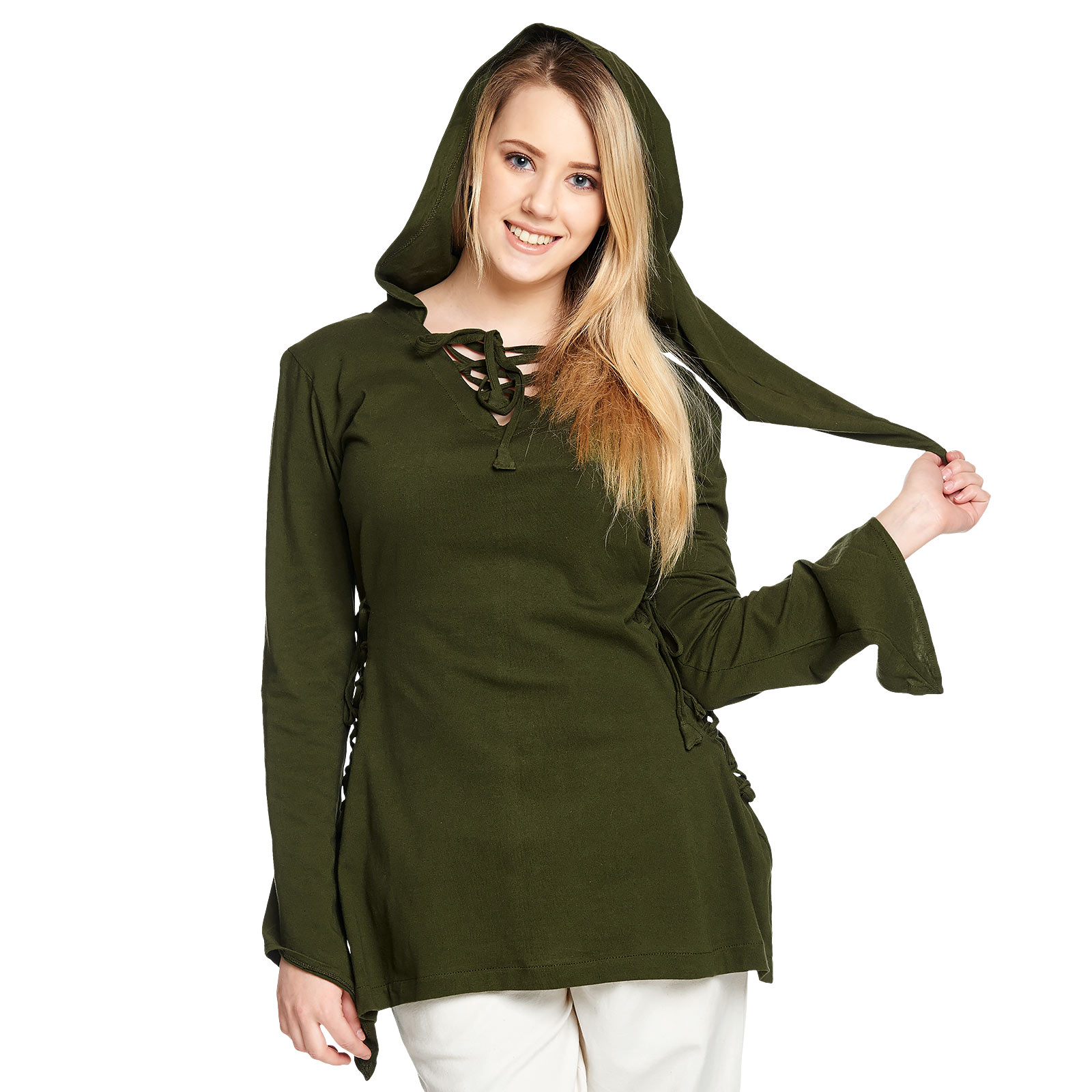 Middeleeuwse Blouse Lea met Capuchon Groen - L - Groen