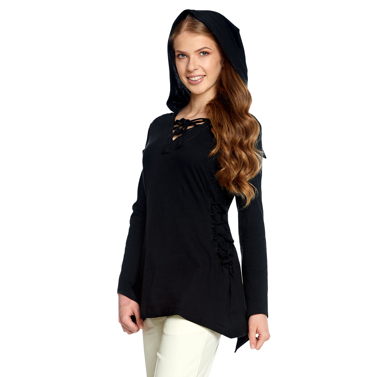 Middeleeuwse Blouse Lea met Capuchon Zwart - XS - Zwart