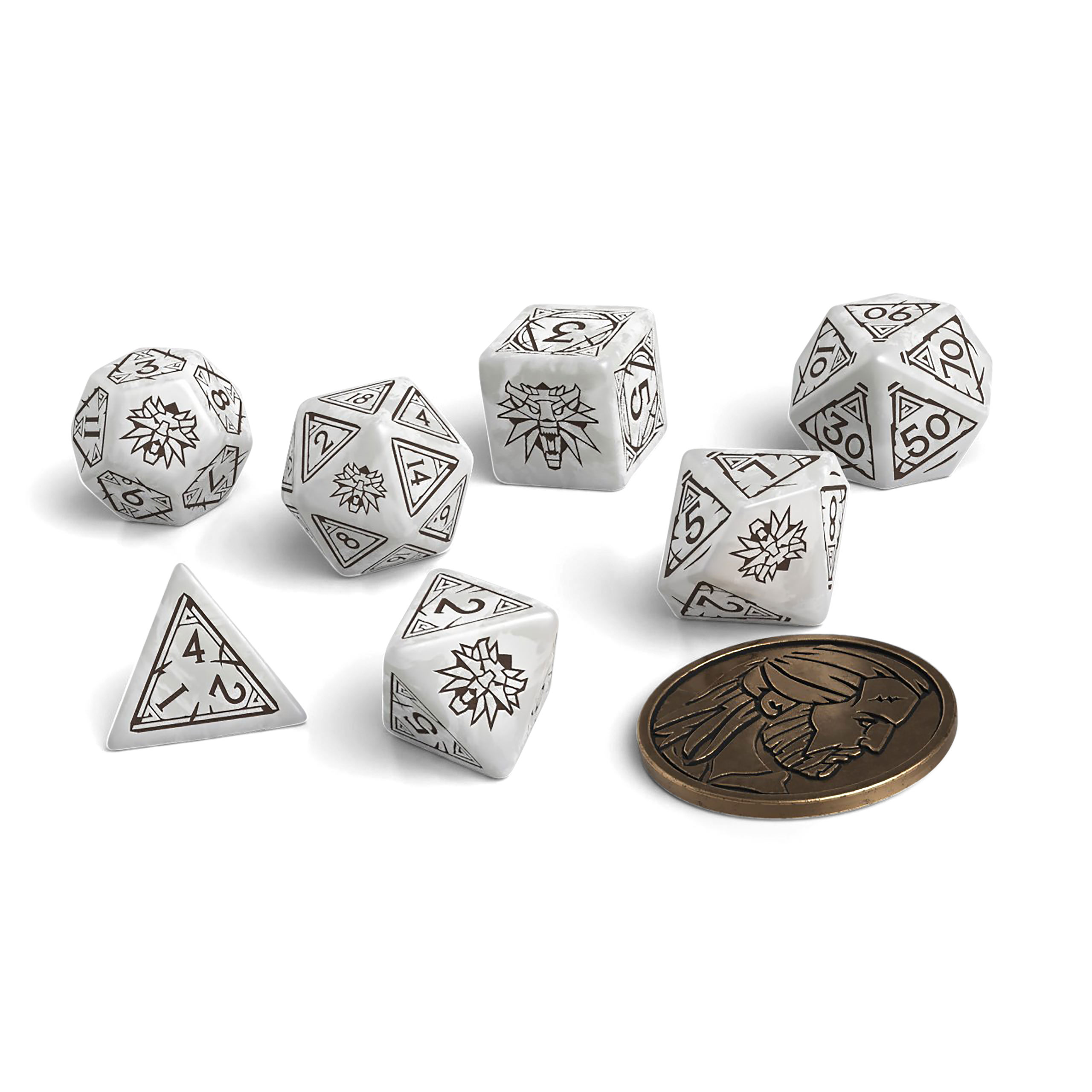 Witcher - Geralt White Wolf RPG Würfel Set 7tlg mit Sammlermünze
