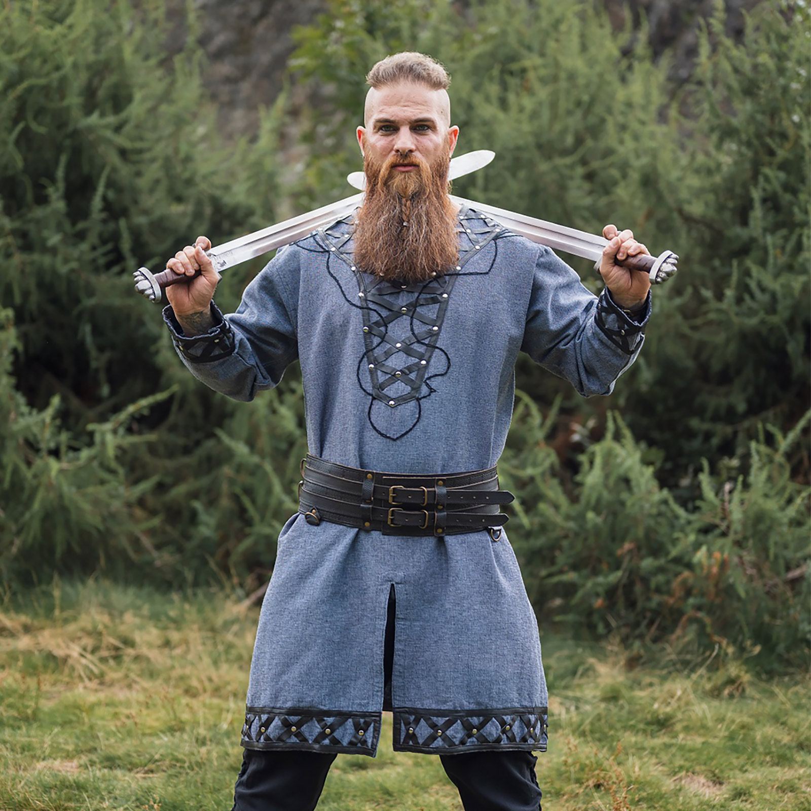 Middeleeuwse tuniek Erik blauw-grijs - XXXL - Blauw,Grijs - Leonardo Carbone