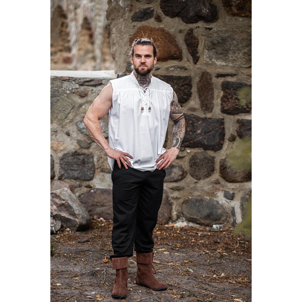 Medieval Stand-Up Collar Lace-Up Shirt Louis sleeveless white - S - White - Leonardo Carbone