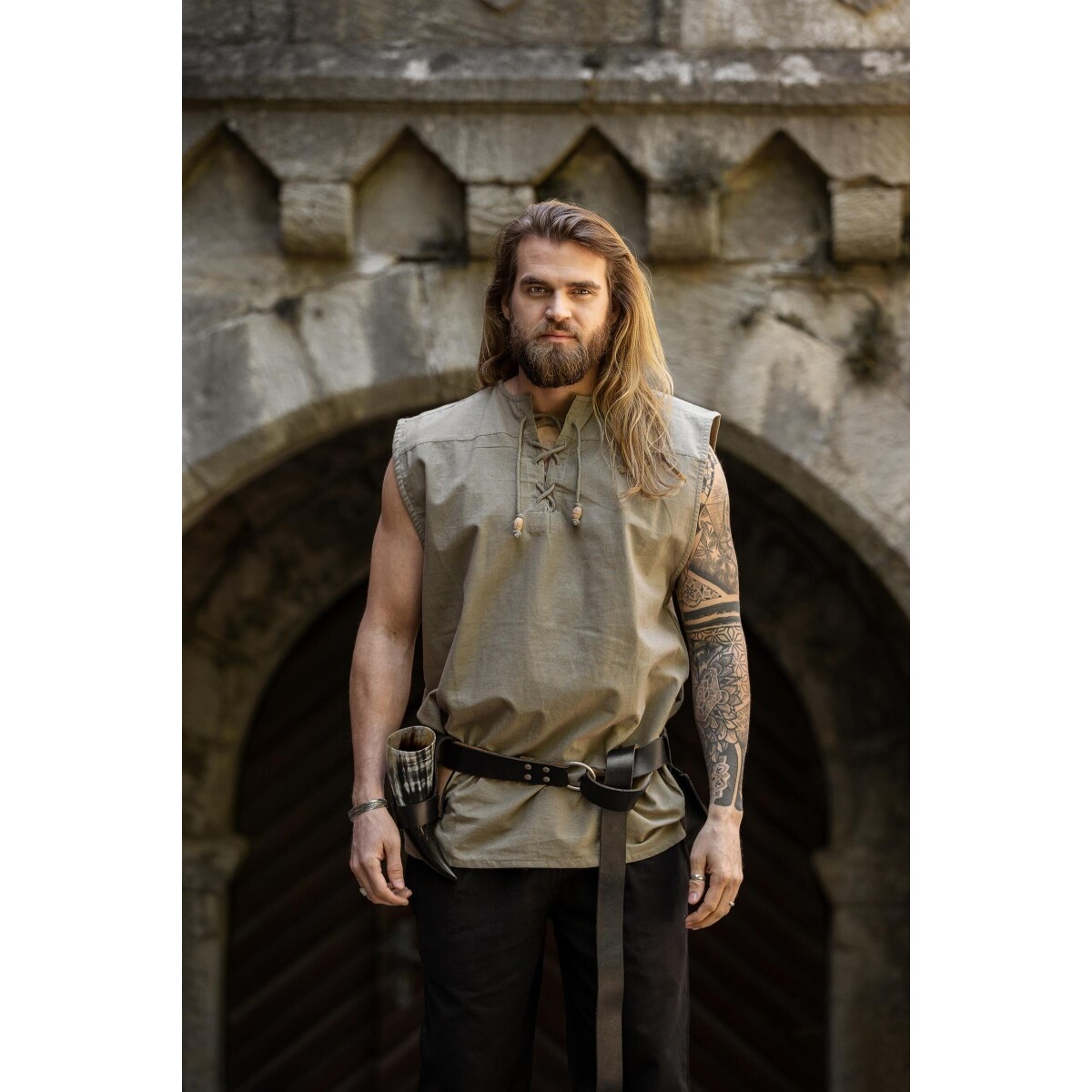 Camicia medievale con lacci Jean senza maniche beige - M - Beige - Leonardo Carbone