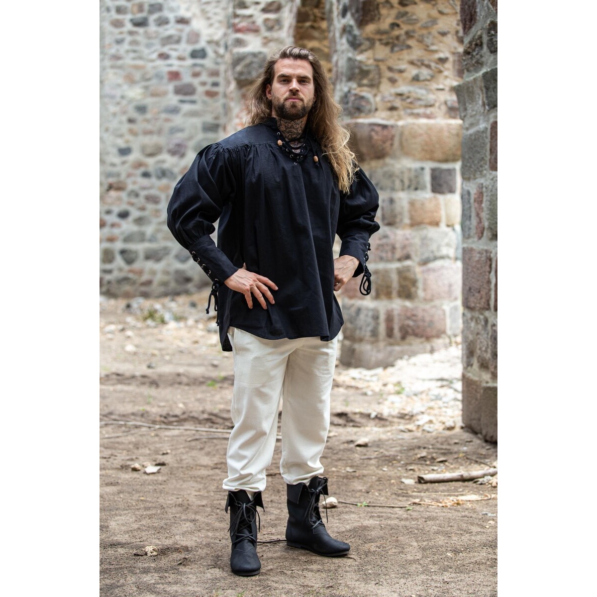 Mittelalter Hemd Claude mit geschnürten Manschetten - XXL - Schwarz - Leonardo Carbone