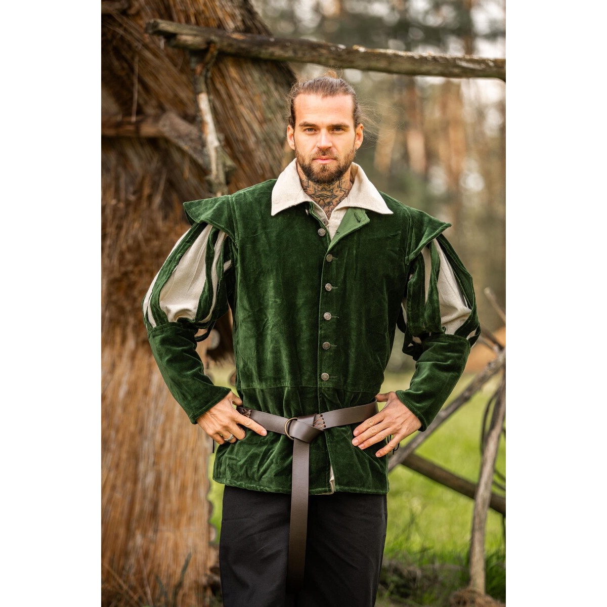 Chaqueta de lansquenete medieval Brandolf con mangas rasgadas - XXXL - Negro,Verde,Rojo - Leonardo Carbone