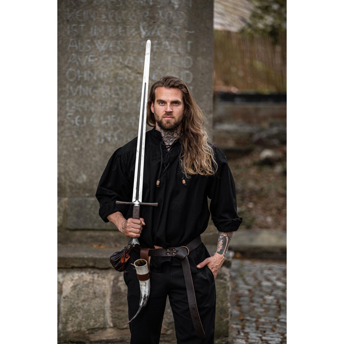 Camicia medievale con allacciatura e colletto alto Georg nero melangiato - XXL - Nero - Leonardo Carbone