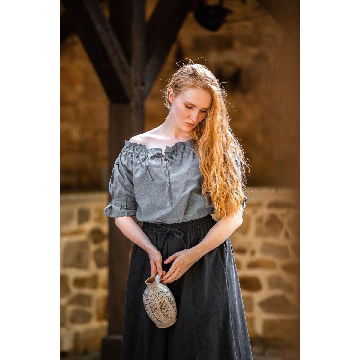 Middeleeuwse blouse met korte mouwen Verena blauw - M - _ - Leonardo Carbone