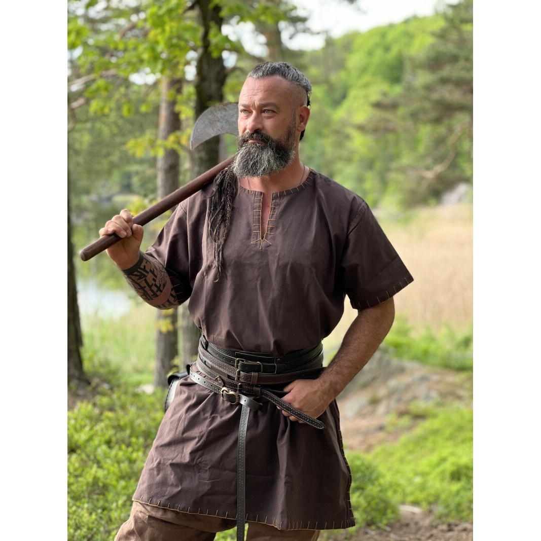 Medieval Viking Tunic Theobald Short Sleeve Dark Brown - XXXL - Brown - Leonardo Carbone