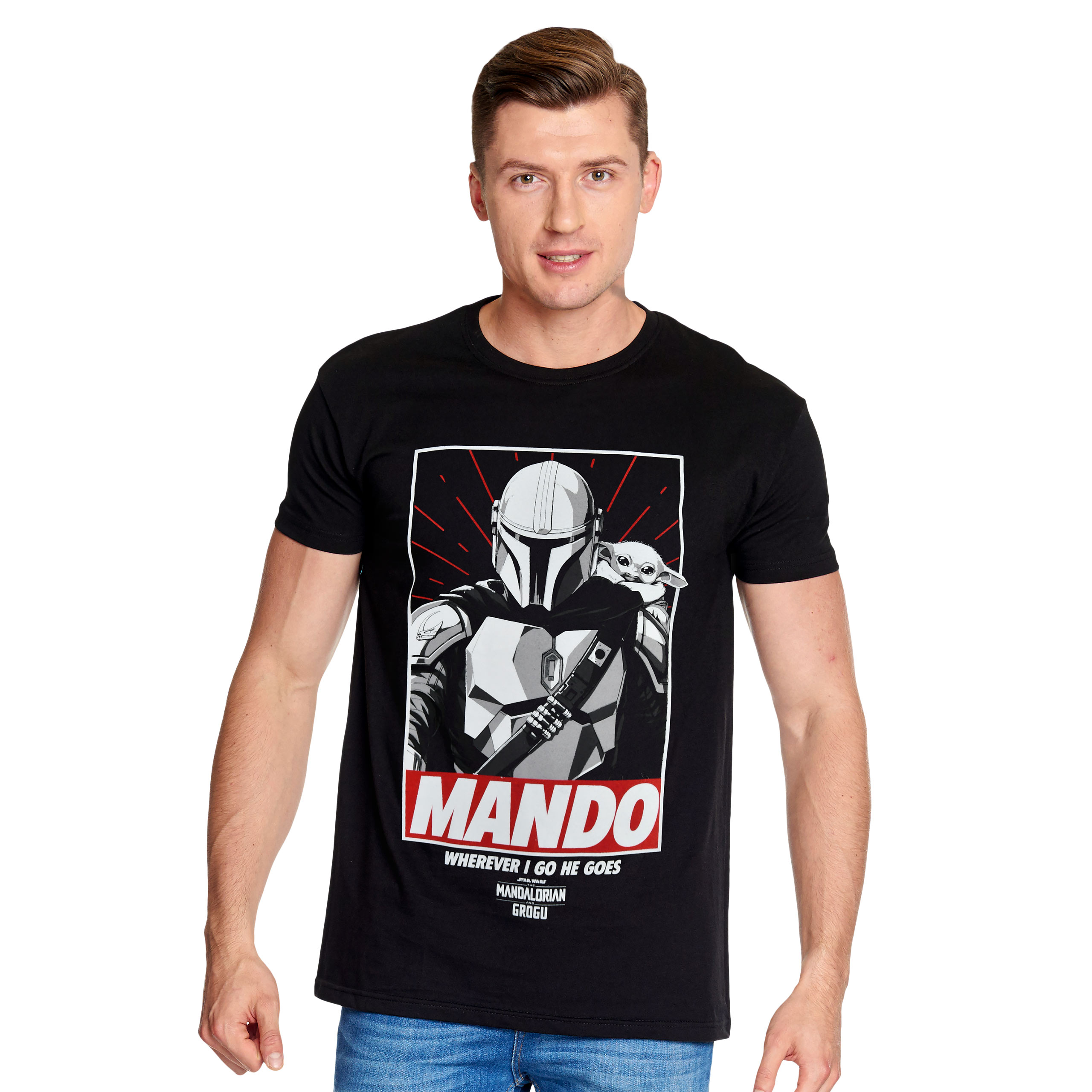 Mando Wherever I Go He Goes T-Shirt Black - Star Wars The Mandalorian - L - Black